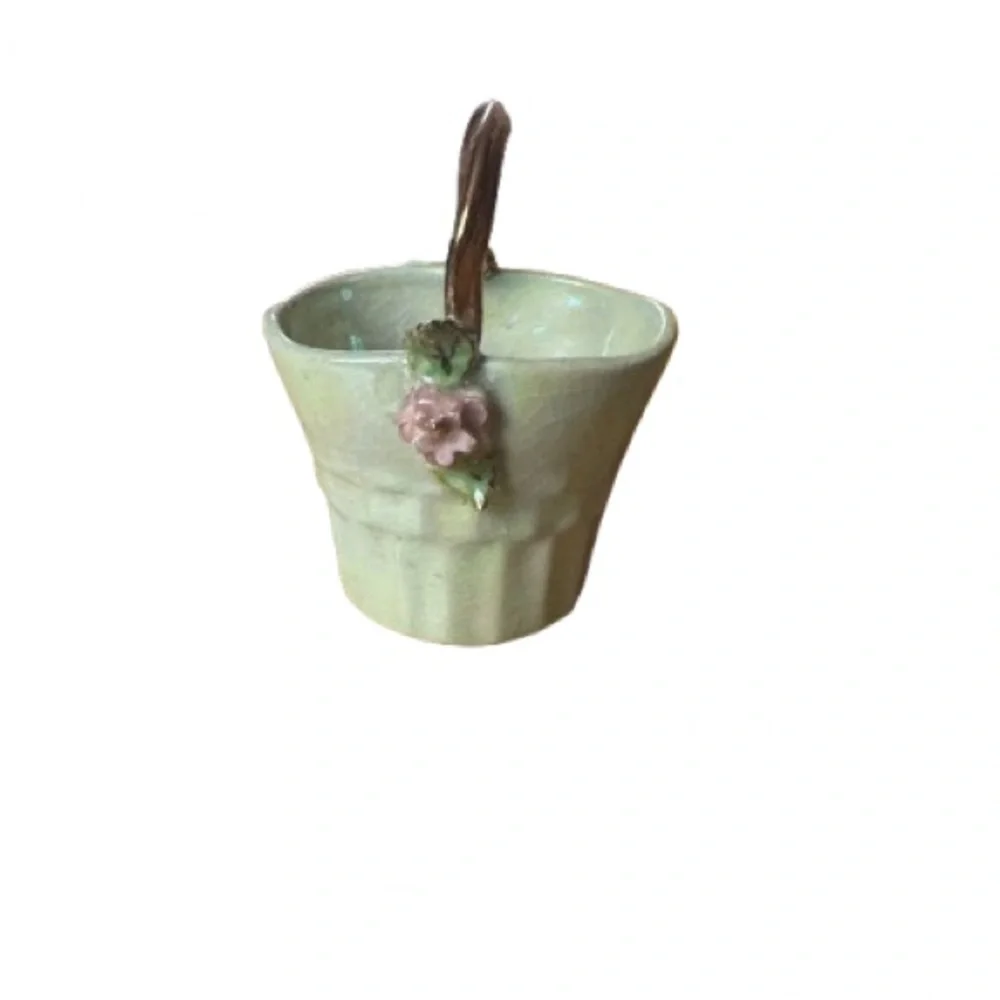Elegant Green Ceramic Basket with Floral Accents